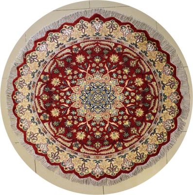 5'0x5'0 Pak Persian Area Rug with Silk & Wool Pile - Floral Design | Hand-Knotted in Red