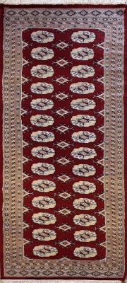 2'5x7'10 Bokhara Jaldar Area Rug with Silk & Wool Pile - Special Mori Bokhara Elephant Foot Design | Hand-Knotted in Red