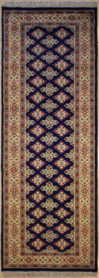 2'7x8'0 Bokhara Jaldar Area Rug with Silk & Wool Pile - Geometric Diamond Design | Hand-Knotted in Blue