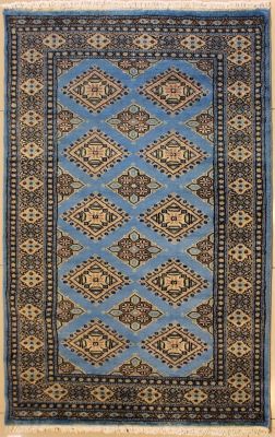 3'1x5'4 Bokhara Jaldar Area Rug with Wool Pile - Geometric Diamond Design | Hand-Knotted in Greenish Blue