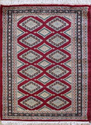 2'0x2'10 Bokhara Jaldar Area Rug with Silk & Wool Pile - Geometric Diamond Design | Hand-Knotted in Red
