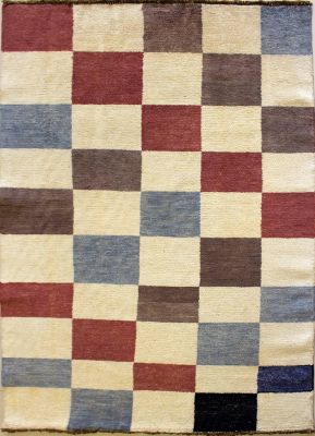 3'9x5'7 Gabbeh Area Rug with Wool Pile - Checkered Design | Hand-Knotted Multicolored | 4x6