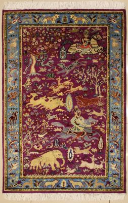 3'0x5'4 Pak Persian High Quality Area Rug with Silk & Wool Pile - Pictorial Hunting Shikargah Design 