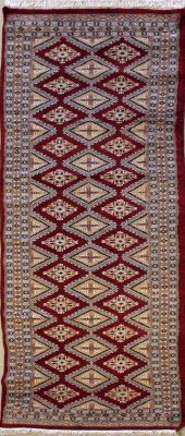 2'6x8'1 Bokhara Jaldar Area Rug with Silk & Wool Pile - Geometric Diamond Design | Hand-Knotted in Red