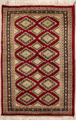 2'0x3'1 Bokhara Jaldar Area Rug with Silk & Wool Pile - Geometric Diamond Design | Hand-Knotted in Red