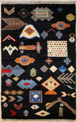 3'0x4'11 Gabbeh Area Rug made using Vegetable dyes with Wool Pile - Pictorial Design | Hand-Knotted in Black