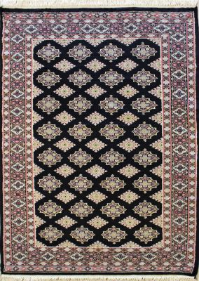 4'0x5'10 Bokhara Jaldar Area Rug with Silk & Wool Pile - Geometric Diamond Design | Hand-Knotted in Black