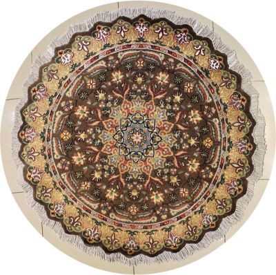 5'1x5'0 Pak Persian Area Rug with Silk & Wool Pile - Floral Design | Hand-Knotted in Dark Brown