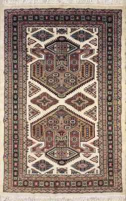 4'0x5'11 Caucasian Design Area Rug with Silk & Wool Pile - Geometric Design | Hand-Knotted in Ivory