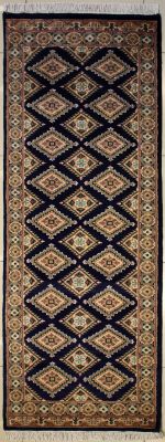 2'7x7'8 Bokhara Jaldar Area Rug with Silk & Wool Pile - Geometric Diamond Design | Hand-Knotted in Blue