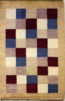 3'0x4'11 Gabbeh Area Rug made using Vegetable dyes with Wool Pile - Checkered Design | Hand-Knotted Multicolored | 3x5 Double Knot Rug