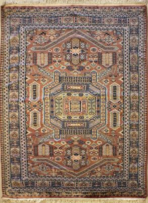 3'11x6'3 Caucasian Design Area Rug with Silk & Wool Pile - Geometric Design | Hand-Knotted in Reddish Brown