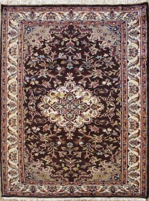 3'11x5'11 Pak Persian Area Rug with Silk & Wool Pile - Floral Design | Hand-Knotted in Dark Brown