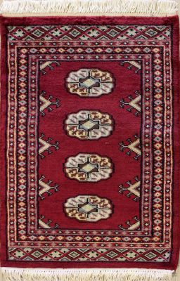 2'0x2'11 Bokhara Jaldar Area Rug with Wool Pile - Special Mori Bokhara Elephant Foot Design | Hand-Knotted in Maroon