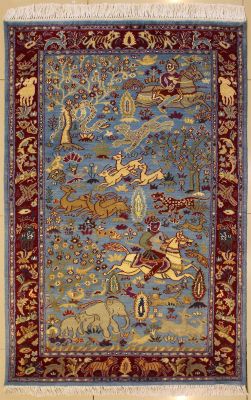 3'0x5'5 Pak Persian High Quality Area Rug with Silk & Wool Pile - Pictorial Hunting Shikargah Design 