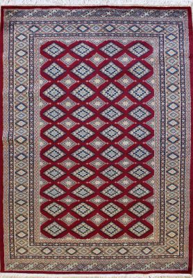 3'11x6'0 Bokhara Jaldar Area Rug with Silk & Wool Pile - Geometric Diamond Design | Hand-Knotted in Red