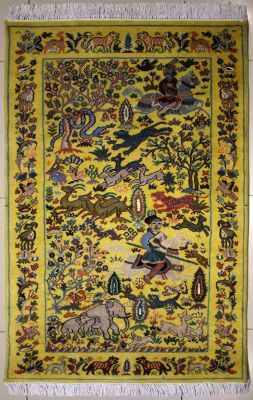 3'0x5'4 Pak Persian High Quality Area Rug with Silk & Wool Pile - Pictorial Hunting Shikargah Design | Hand-Knotted in Gold