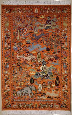 3'0x5'3 Pak Persian High Quality Area Rug with Silk & Wool Pile - Pictorial Hunting Shikargah Design | Hand-Knotted in Orange
