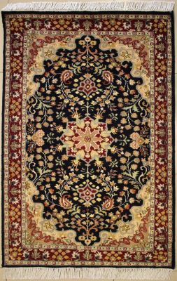 3'2x5'1 Pak Persian High Quality Area Rug with Wool Pile - Floral Design | Hand-Knotted in Blue