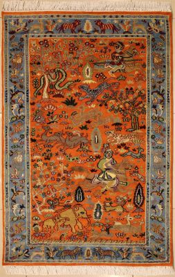 3'1x5'4 Pak Persian High Quality Area Rug with Silk & Wool Pile - Pictorial Hunting Shikargah Design 