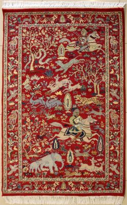 3'0x5'4 Pak Persian High Quality Area Rug with Silk & Wool Pile - Pictorial Hunting Shikargah Design | Hand-Knotted in Red