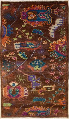 2'5x5'2 Chobi Ziegler Area Rug made using Vegetable dyes with Wool Pile - Floral Design | Hand-Knotted in Dark Brown