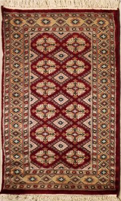 2'1x3'2 Bokhara Jaldar Area Rug with Silk & Wool Pile - Geometric Diamond Design | Hand-Knotted in Red