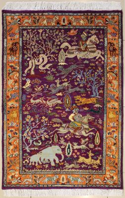 3'1x5'1 Pak Persian High Quality Area Rug with Silk & Wool Pile - Pictorial Hunting Shikargah Design 