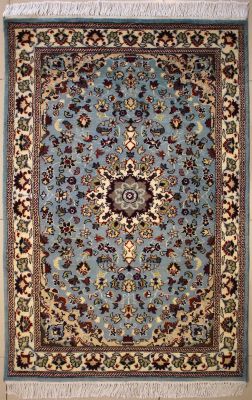 3'1x5'2 Pak Persian High Quality Area Rug with Wool Pile - Floral Design | Hand-Knotted in Greenish Blue