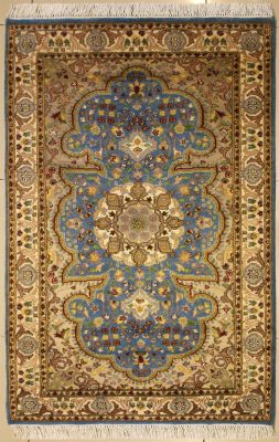 3'0x5'2 Pak Persian High Quality Area Rug with Silk & Wool Pile - Floral Design | Hand-Knotted in Greenish Blue
