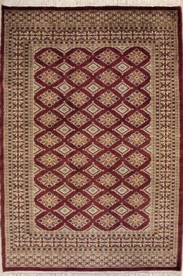 3'11x6'2 Bokhara Jaldar Area Rug with Silk & Wool Pile - Geometric Diamond Design | Hand-Knotted in Maroon