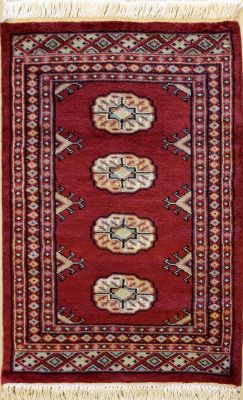 2'0x3'0 Bokhara Jaldar Area Rug with Wool Pile - Special Mori Bokhara Elephant Foot Design | Hand-Knotted in Red