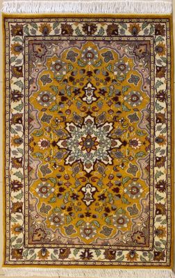 3'1x5'0 Pak Persian High Quality Area Rug with Silk & Wool Pile - Floral Design | Hand-Knotted in Gold