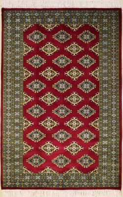 4'1x6'2 Bokhara Jaldar Area Rug with Silk & Wool Pile - Geometric Diamond Design | Hand-Knotted in Red