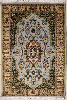 3'0x5'1 Pak Persian High Quality Area Rug with Wool Pile - Floral Medallion Design | Hand-Knotted in Greenish Blue