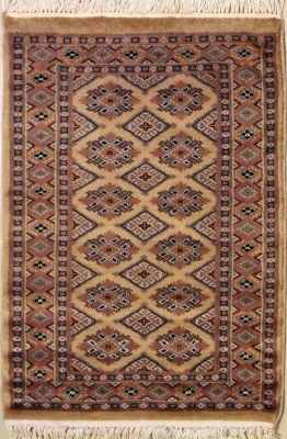 2'1x2'11 Bokhara Jaldar Area Rug with Silk & Wool Pile - Geometric Diamond Design | Hand-Knotted in Beige