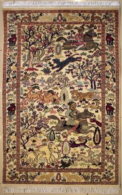 3'1x5'3 Pak Persian High Quality Area Rug with Silk & Wool Pile - Pictorial Hunting Shikargah Design | Hand-Knotted in White