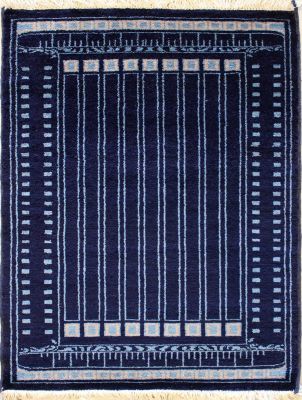 2'0x2'10 Gabbeh Area Rug made using Vegetable dyes with Wool Pile - Striped Design | Hand-Knotted in Blue