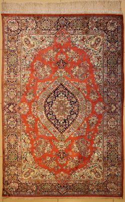 4'2x6'9 Pak Persian High Quality Area Rug with Silk Pile - Floral (Special Quality) Medallion Design | Hand-Knotted in Reddish Brown