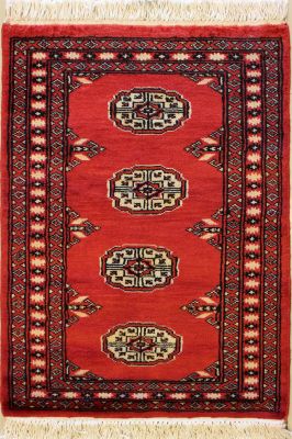 1'11x2'10 Bokhara Jaldar Area Rug with Wool Pile - Special Mori Bokhara Elephant Foot Design | Hand-Knotted in Red