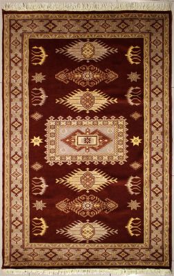 4'1x5'9 Caucasian Design Area Rug with Silk & Wool Pile - Geometric Design | Hand-Knotted in Red