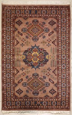 4'0x6'1 Caucasian Design Area Rug with Silk & Wool Pile - Geometric Design | Hand-Knotted in Beige