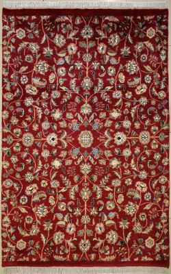 4'0x5'10 Pak Persian Area Rug with Silk & Wool Pile - Floral Design | Hand-Knotted in Red