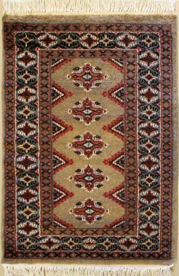 2'0x2'11 Bokhara Jaldar Area Rug with Silk & Wool Pile - Geometric Diamond Design | Hand-Knotted in Beige