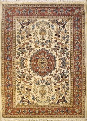 4'0x5'11 Pak Persian Area Rug with Silk & Wool Pile - Pictorial Hunting Shikargah Design | Hand-Knotted in Ivory