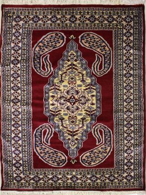 3'11x6'1 Pak Persian Area Rug with Silk & Wool Pile - Medallion Design | Hand-Knotted in Red