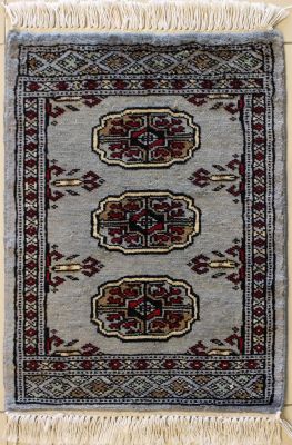 1'6x1'11 Bokhara Jaldar Area Rug with Wool Pile - Special Mori Bokhara Elephant Foot Design | Hand-Knotted in Grey