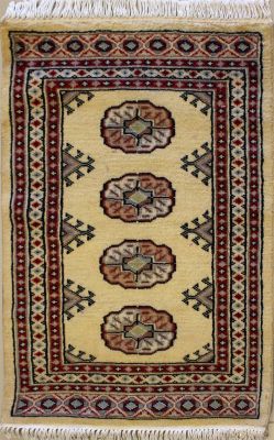 2'1x3'2 Bokhara Jaldar Area Rug with Wool Pile - Special Mori Bokhara Elephant Foot Design | Hand-Knotted in White