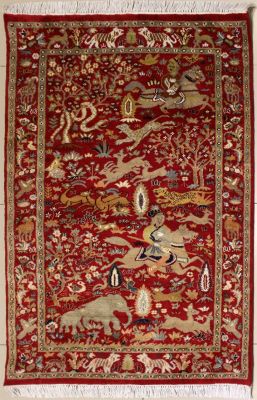 3'1x5'2 Pak Persian High Quality Area Rug with Silk & Wool Pile - Pictorial Hunting Shikargah Design | Hand-Knotted in Red