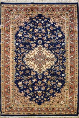 3'10x6'6 Pak Persian Area Rug with Silk & Wool Pile - Floral Design | Hand-Knotted in Blue